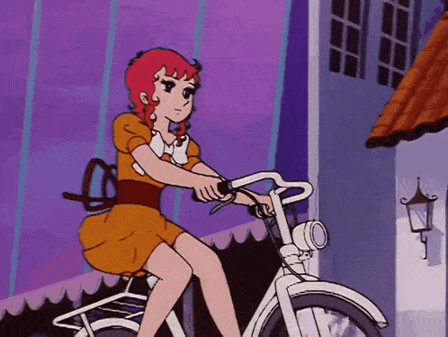 a cartoon girl with red hair is riding a bicycle
