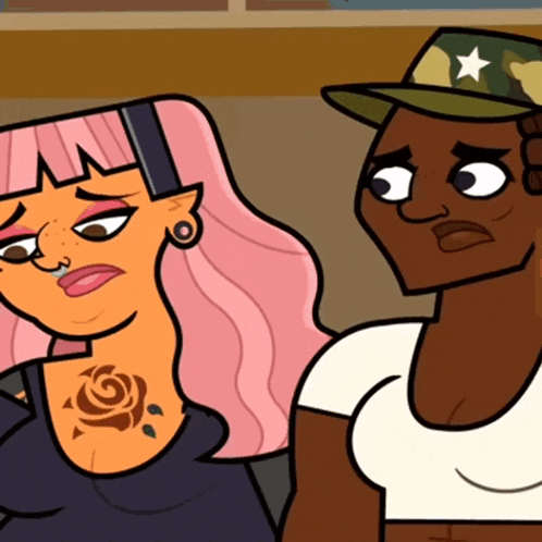 two cartoon characters one with a tattoo on her chest and one with a hat that says ' army ' on it