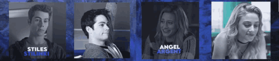 four black and white photos of stiles stilinski angel argent and lily james