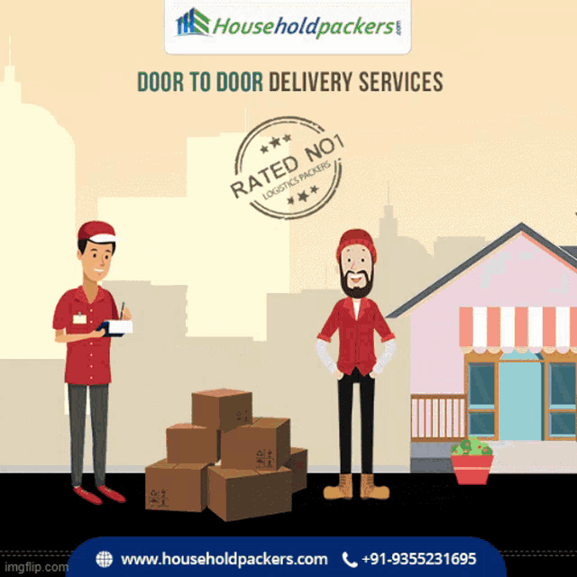 an advertisement for householdpackers shows two men standing next to a pile of boxes