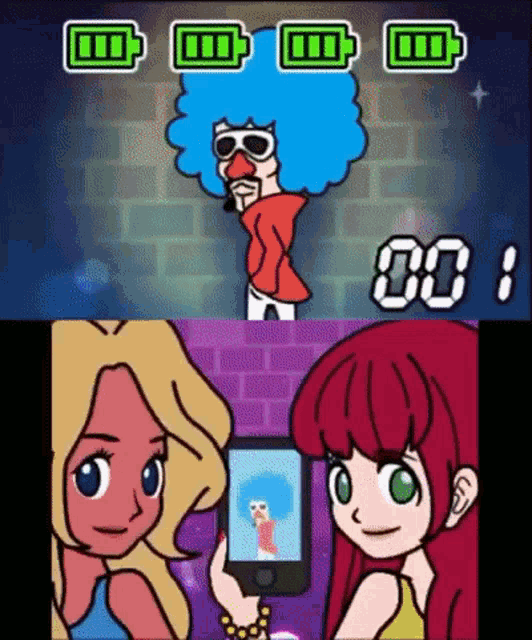 a cartoon of a man with a blue afro standing next to a woman holding a phone .
