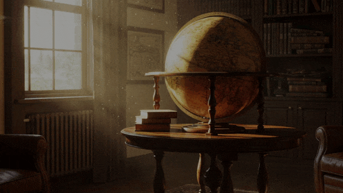 a globe sits on a small table in a library