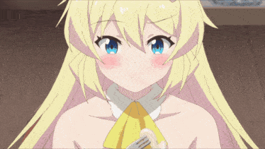 a girl with blonde hair and blue eyes holds a fork