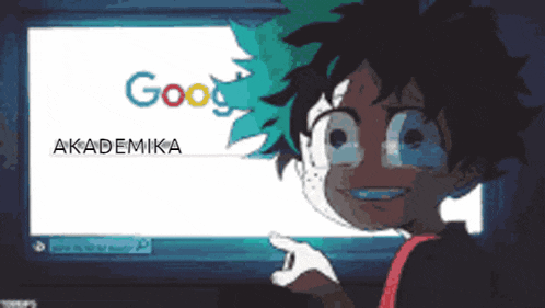 a cartoon character is pointing at a screen that says google akademika