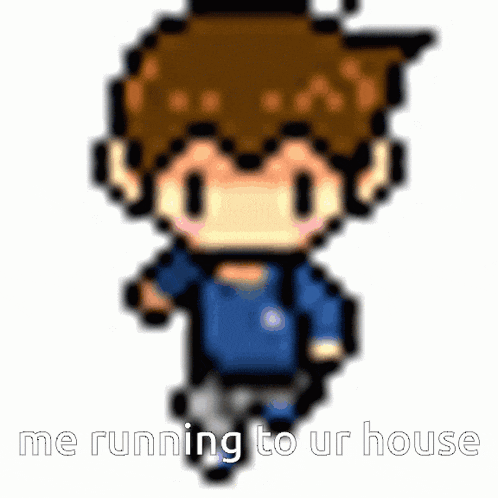a pixel art of a boy in a blue shirt running to a house .