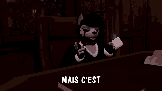 a cartoon of a wolf sitting at a table with the words quand meme written below him