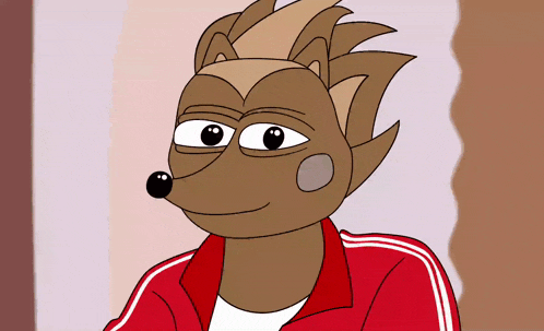 a cartoon hedgehog wearing a red jacket and a white shirt