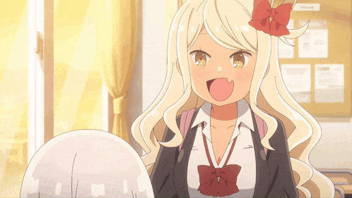 a blonde anime girl with a red bow on her head