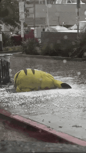 a stuffed pikachu is laying in the rain