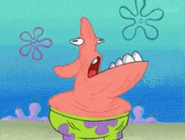 patrick star from spongebob squarepants with his mouth open and a flower in the background