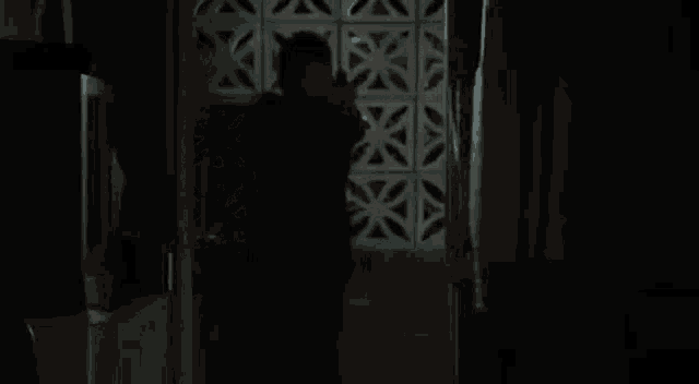 a man is standing in a dark room with a gun .