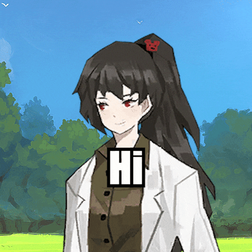 a girl with a ponytail is wearing a white coat and a hi sign