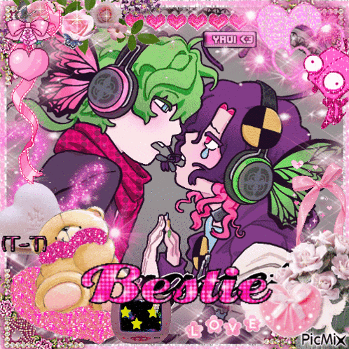 a picture of a girl and a boy with the word bestie on the bottom right