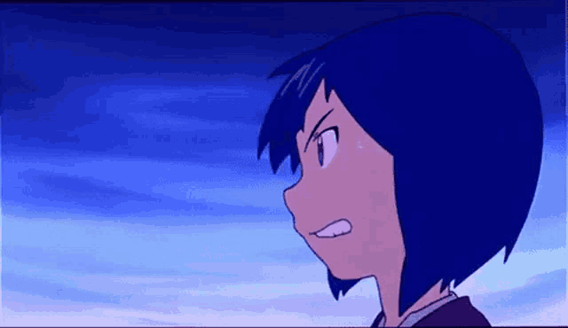 a cartoon character with blue hair and a purple shirt