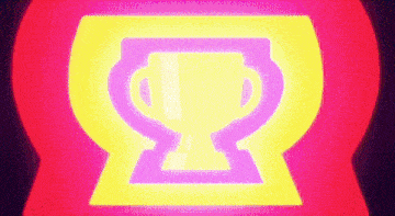 a yellow and purple trophy is surrounded by a pink and yellow circle .