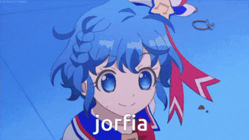 a blue haired anime girl with the word jorfia written on her face