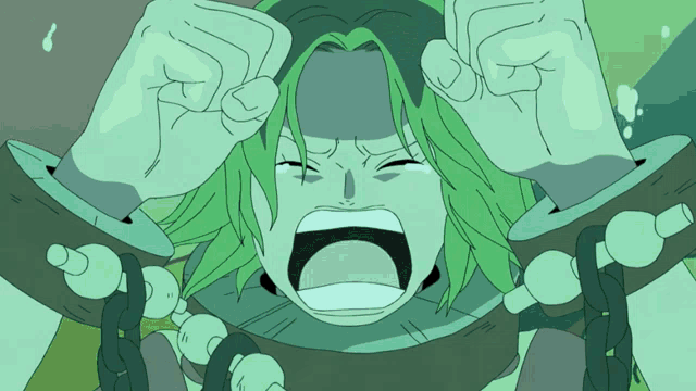 a cartoon of a person with green hair and chains
