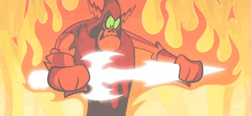 a cartoon character is holding a sword in front of a fire background