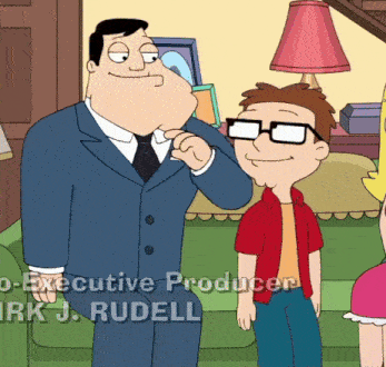 a cartoon of a man in a suit and tie standing next to a young boy with glasses