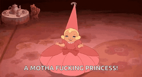 a cartoon of a princess wearing a pink dress and a pink hat is sitting on the floor .