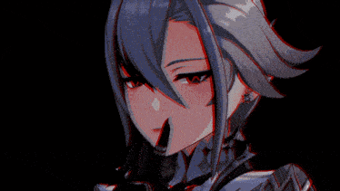 a girl with long hair and red eyes is holding her finger to her lips