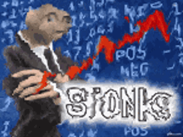 a drawing of a man in a suit and tie holding a red arrow with the word stonks written on it