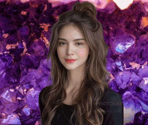 a woman stands in front of a purple background that says photolab on it