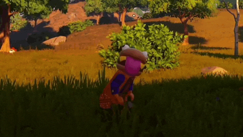 a cartoon character is standing in the grass with a shovel .