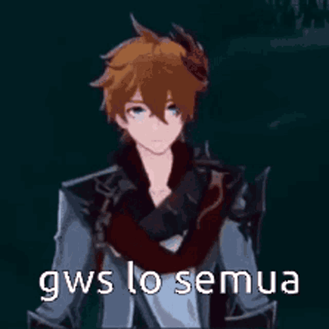 a cartoon character with a scarf around his neck and the words gws lo semua on the bottom .