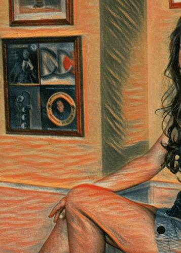 a painting of a woman sitting in front of a wall with a few framed pictures on it including one that says dc