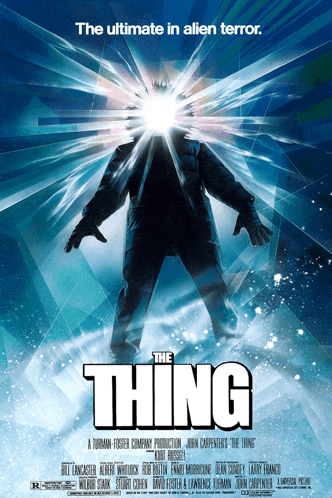 a movie poster for the thing shows a man with a light coming out of his head