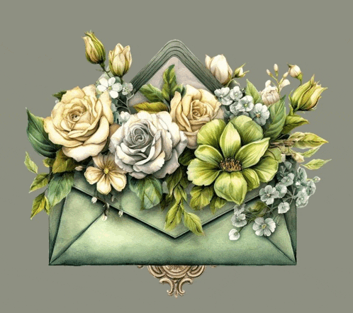 a green envelope with white roses and green flowers