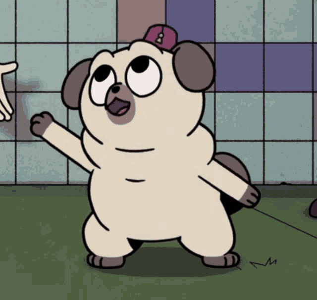 a cartoon pug dog wearing a red hat with the letter b on it