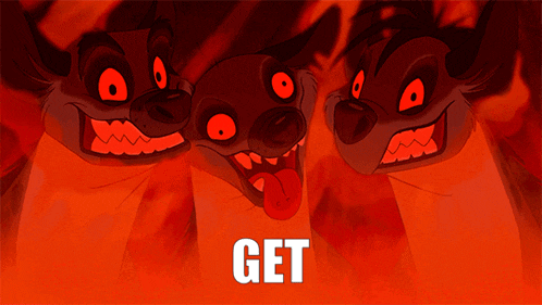 three cartoon animals with red eyes and the word get in white