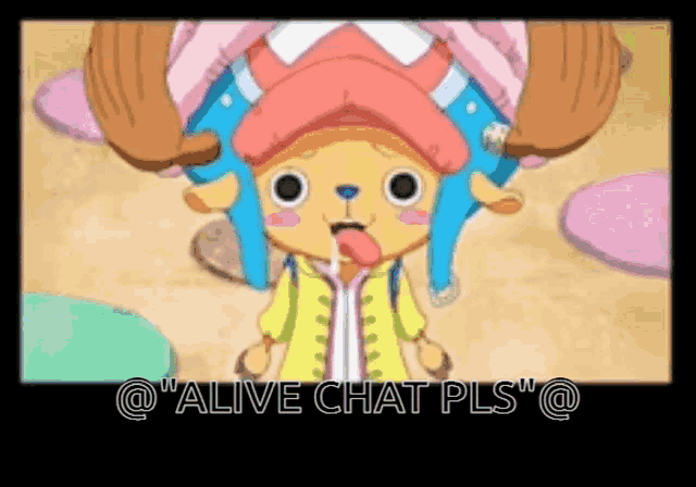 a picture of a cartoon character with the words " alive chat pls " at the top