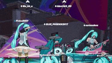a screenshot of a video game shows a girl playing drums and another girl playing a guitar