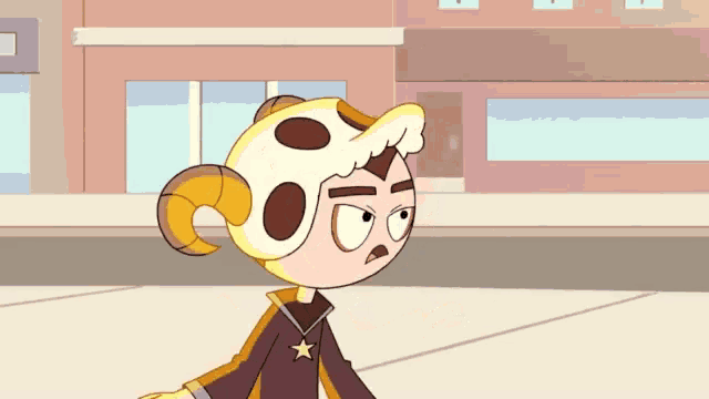 a cartoon character is wearing a ram skull mask and a star necklace .