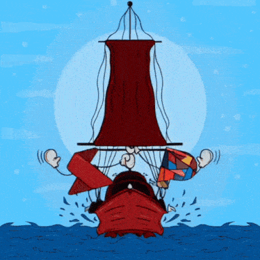 a cartoon drawing of a boat with a red sail