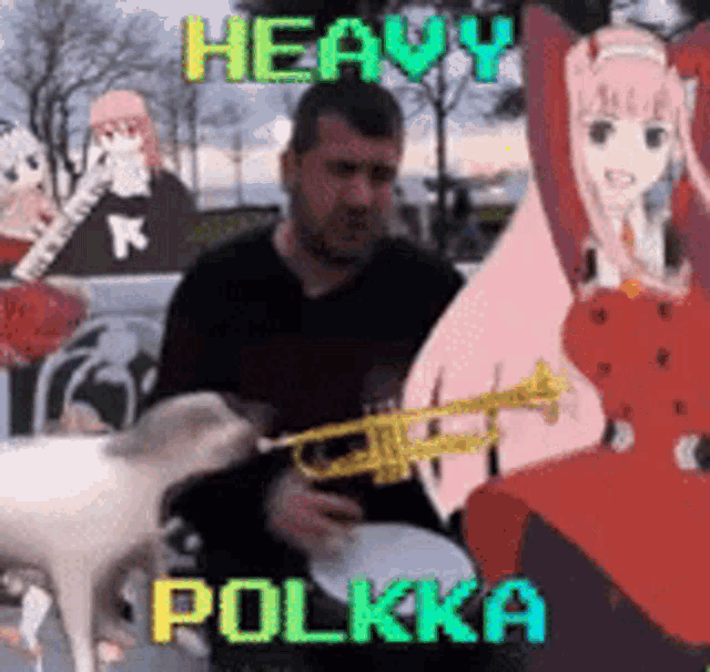 a man playing a trumpet next to a goat and a girl with the words heavy polkka on the bottom