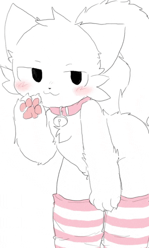 a drawing of a white cat wearing pink striped socks and a collar