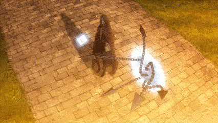 a person standing on a brick walkway with a chain around their waist