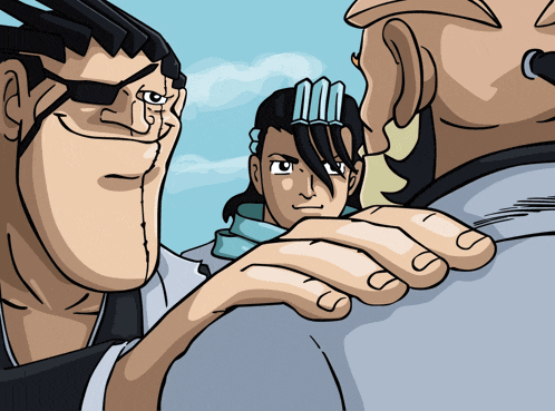 a cartoon of a man holding another man 's shoulder