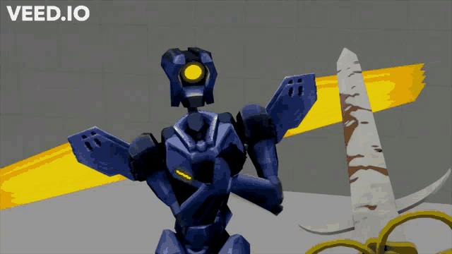 a video game called veed.io shows a blue robot with yellow eyes