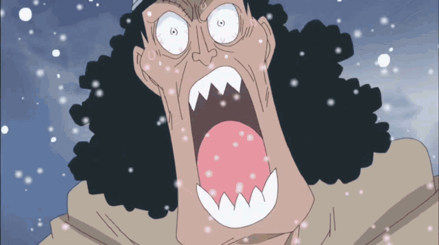a cartoon of a man with his mouth open and snow falling around him