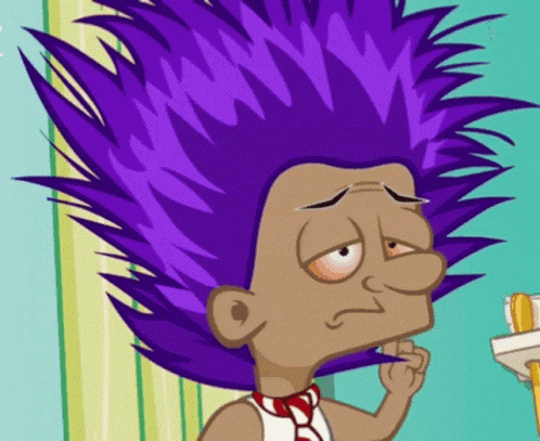 a cartoon character with purple hair has a toothbrush in his hand