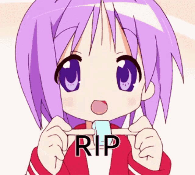 a girl with purple hair and blue eyes is holding a piece of paper with the word rip written on it