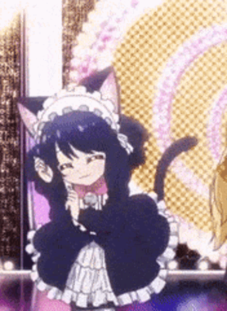a girl in a maid outfit with cat ears is standing in front of a wall .