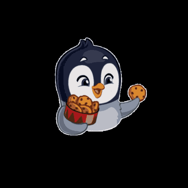 a penguin is holding a bag of cookies in its paws