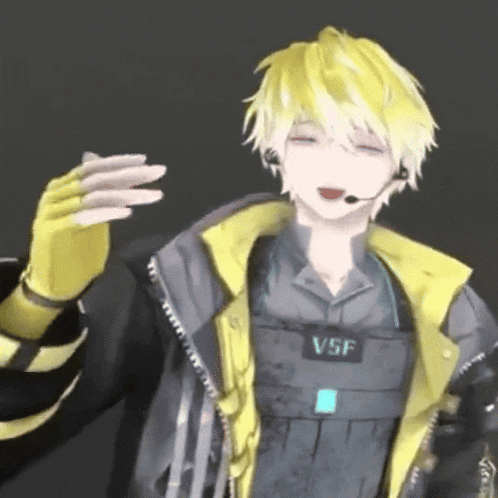 a boy with yellow hair is wearing a jacket with vsf on the front