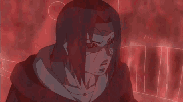 a black and white drawing of a man with red eyes and a red background